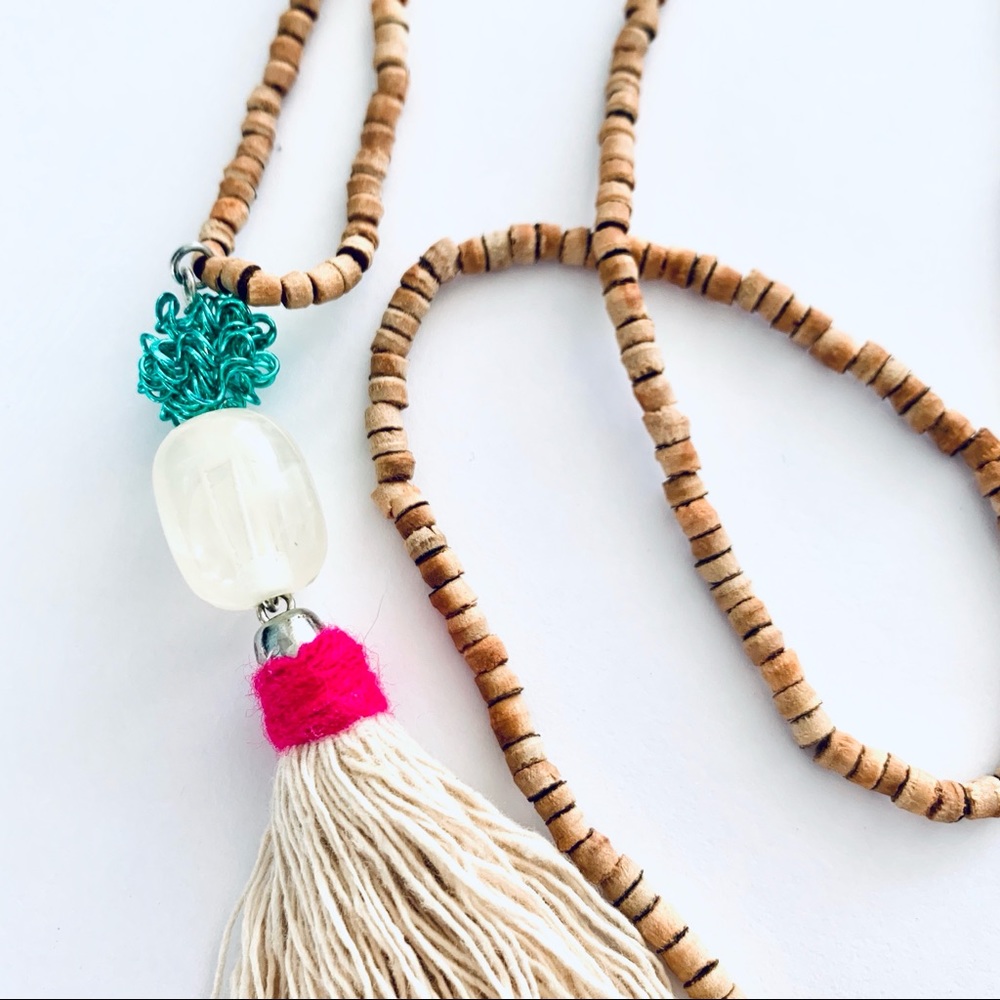 STIX+STONZ Wood Bead+Tassel Necklace - Handmade